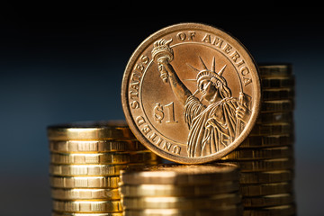 Wall Mural - One dollar coin and gold money on the desk.