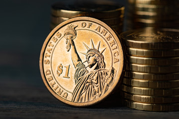 Wall Mural - One dollar coin and gold money on the desk.