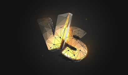 Gold letters VS. Low poly wireframe style. Banner concept for contests, fights, battle, game. Polygonal abstract isolated on black background. Particles are connected in a geometric silhouette.Vector