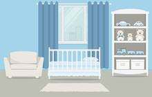Kid's Room For A Newborn Baby. Interior Bedroom For A Baby Boy In A Blue Color. There Is A Cot, A Wardrobe With Toys, Armchair And Other Things On A Window Background In The Picture. Vector