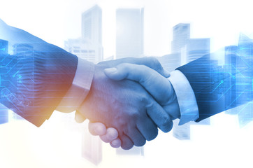 Wall Mural - Deal. double exposure image of investor business man handshake with partner and graphic technology network daigram with during sunrise and cityscape background, investment and partnership concept