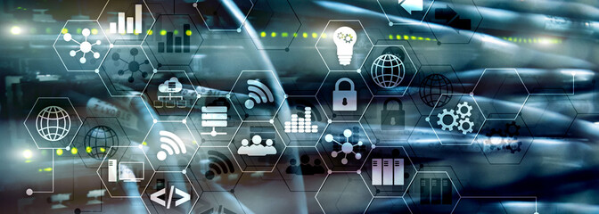 Wall Mural - ict - information and telecommunication technology and iot - internet of things concepts. diagrams w
