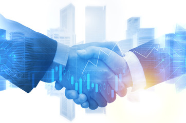 Wall Mural - double exposure image of investor business man handshake with partner with digital network link connection and graph chart of stock market and cityscape background, investment and partnership concept