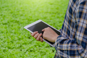 young female farmer using mobile tablet computer with organic hydroponic fresh vegetables produce in greenhouse garden nursery farm, smart farming technology and agricultural innovation concept