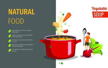 Banner design for vegetable soup, restaurant menu, healthy recipes. Vector illustration can be used for poster, banner, menu, flyer, brochure.