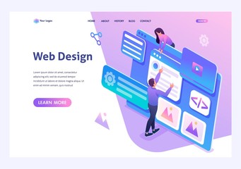 isometric concept young people are engaged in web design, website page development. template landing