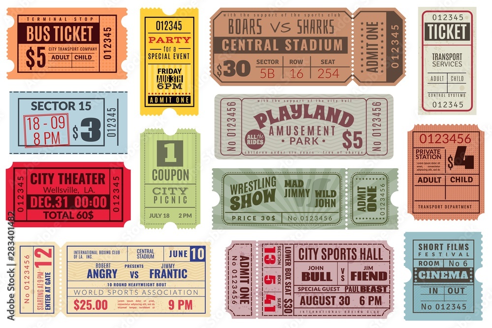 Retro tickets. Vintage cinema ticket concert and festival event, movie theater coupon. Circus show, raffle paper voucher vector set - obrazy, fototapety, plakaty 