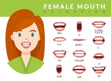 Female Mouth Animation. Womans Talking Mouths Lips For Cartoon Character Animation And English Pronunciation. Sync Speech Expression Vector Set