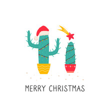 Bright Christmas Illustration With Holiday Cactus