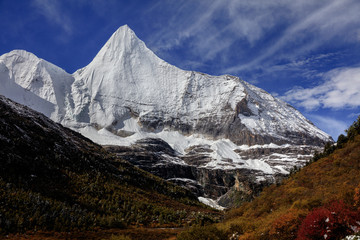 Wall Mural - Jampayang, holy snow mountain in Daocheng Yading Nature Reserve - Garze, Kham Tibetan Pilgrimage region of Sichuan Province China. Alpine grassland in front of the towering ice summit of Yangmaiyong