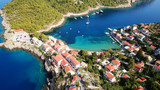 Fototapeta Łazienka - Aerial drone bird's eye view photo of beautiful and picturesque colorful traditional fishing village of Assos in island of Cefalonia, Ionian, Greece