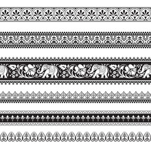 Seamless Black And White Borders With Tribal Style Elephants And Flowers. Thai, Indian, African Symbol. Pattern Brushes Included In Vector File.