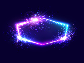 Wall Mural - celebration colorful neon light frame with star explosion particles on dark blue background. blue, p