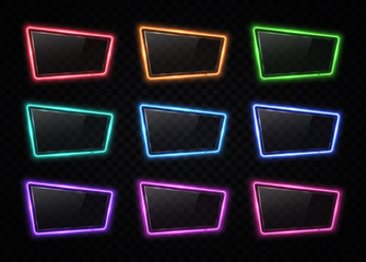 Colorful neon frame sign set on transparent background. Halogen line border with glossy plastic plate. Led lamp design element template for web button banner flyer poster. Bright vector illustration.