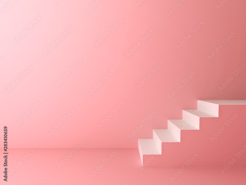 Pink pastel color room background with white stairs 3D rendering - obrazy, fototapety, plakaty 