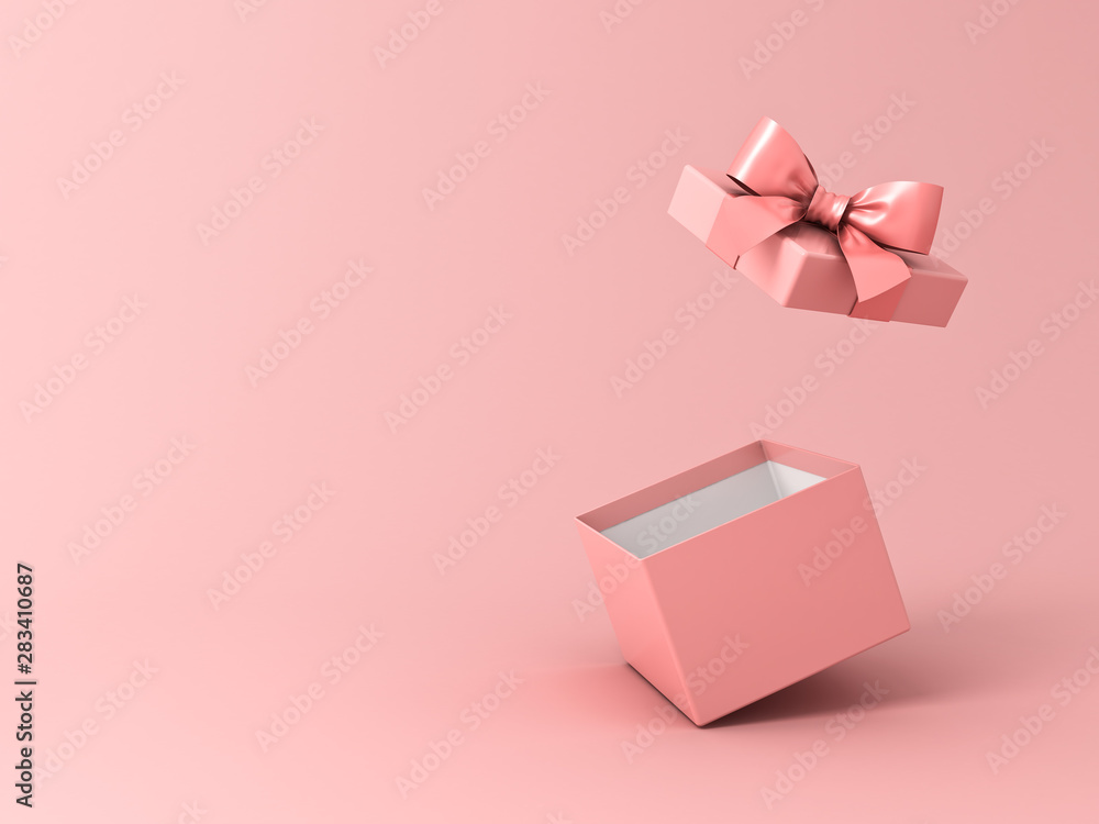 Blank open gift box or present box with pink ribbon bow isolated on pink pastel color background with shadow 3D rendering - obrazy, fototapety, plakaty 