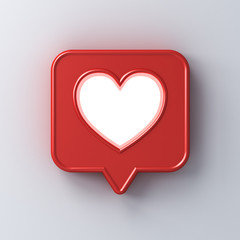 Fototapete - 3d social media notification love like icon with neon light shining through hole heart shape in red speech bubble pin isolated on white wall background with shadow 3D rendering