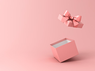 blank open gift box or present box with pink ribbon bow isolated on pink pastel color background wit