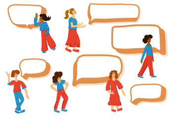 Set of speech bubbles and girls characters.