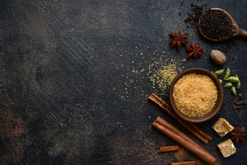 Ingredients for making traditional indian tea masala. Top view with copy space.