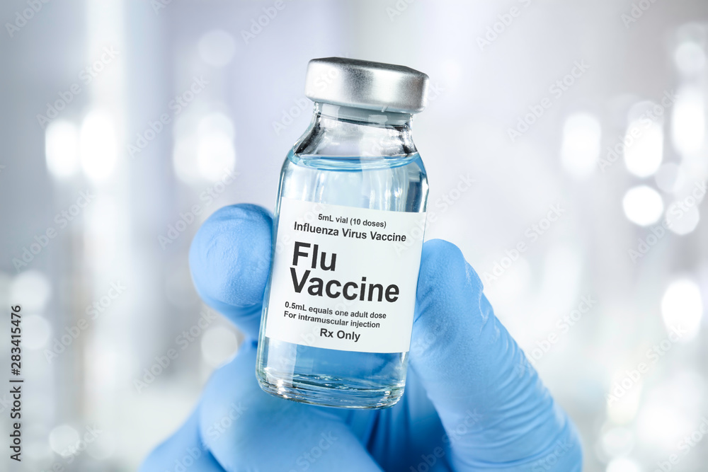 Small drug vial with influenza vaccine - obrazy, fototapety, plakaty 