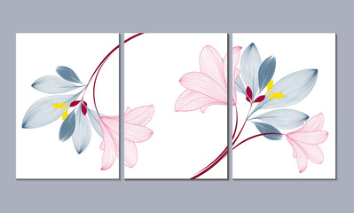 Set of 3 canvases for wall decoration in the living room, office, bedroom, kitchen, office. Home decor of the walls. Floral background with flowers of lily. Element for design. 