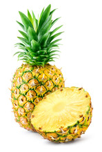 Pineapple Half And Whole Pineapple On White Background. Pineapple Isolate. Full Depth Of Field.