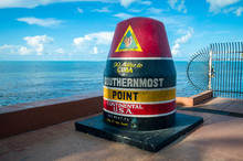 Scenic Morning View Of Brightly Painted Southernmost Point Buoy In Key West, Florida, USA