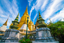 Emerald Buddha Temple Golden Pagoda Blue Sky With Cloud Sightseeing In Bangkok