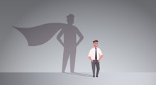 Businessman Dreaming About Being Super Hero Shadow Of Man With Cape Imagination Aspiration Concept Male Cartoon Character Standing Pose Full Length Flat Horizontal