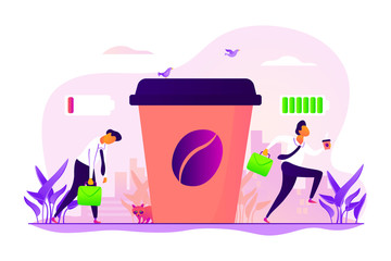 Poster - Depressed office worker, stress and emotional burnout. Caffeine stimulating effect. Coffee break, low energy, tiredness and energizing concept. Vector isolated concept creative illustration