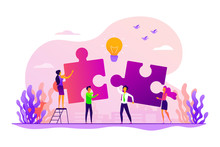 Finding Solution, Problem Solving. Teamwork And Partnership. Working Team Collaboration, Enterprise Cooperation, Colleagues Mutual Assistance Concept. Vector Isolated Concept Creative Illustration