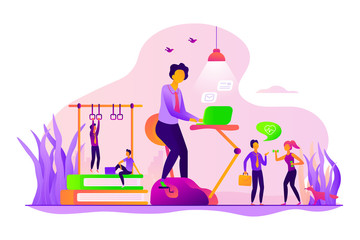 Wall Mural - Activity, sporty breaks in company. Work life, health balance. Fitness-focused workspace, health-conscious workspace, modern office concept. Vector isolated concept creative illustration