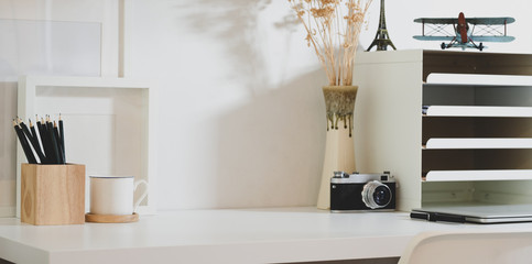 Minimal photographer's workplace with copy space