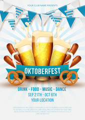 Wall Mural - Oktoberfest party poster illustration with fresh beer, pretzel, sausage and blue and white party flag on white background. Vector Illustration