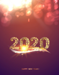 Wall Mural - Gold template over purple background with golden bokeh. Happy new year 2020. Christmas card. Text on the color bokeh background. Vector illustration.