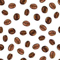 Wall Mural - Seamless pattern with coffee beans on a white background. Vector illustration in cartoon flat simple style.