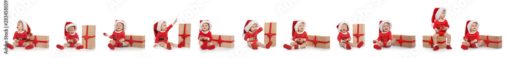 Set of cute little baby in Christmas costume and gift on white background. Banner design - obrazy, fototapety, plakaty 