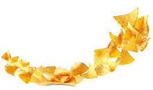 Flying Delicious Mexican Nachos Chips On White Background