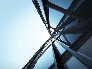 Poster - View of high rise glass building and dark steel window system on blue clear sky background,Business concept of future architecture,looking up to the sun light on the top of building. 3d render