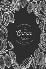 Wall Mural - Cocoa bean tree banner template. Chocolate cocoa beans background. Vector hand drawn illustration on chalk board. Vintage style illustration.