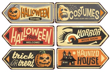 Halloween signs collection. Vintage vector signpost for Halloween festival, costumes shop, horror movie show, haunted house. Holiday designs set.