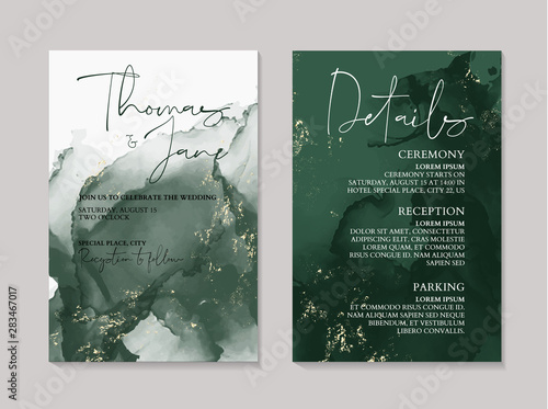 Fotomural Wedding green luxury invitation cards with gold marble texture background and A