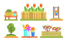 Park And Garden Elements Set, Flowerbeds With Blooming Flowers And Plants, Wooden Bench Vector Illustration