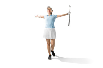 Wall Mural - Asian woman holding the putter golf club with a happy expression