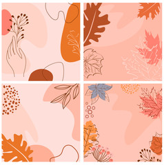 Poster - Set of abstract square background with autumn elements, shapes and plants in one line style. Background for mobile app page minimalistic style. Vector illustration