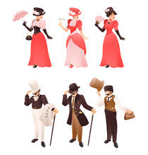Fashioned Retro Victorian Lady And Gentleman With Different Accessories