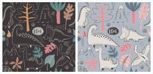 Vector Seamless Patterns With Hand Drawn Dinosaurs And Tropical Leaves And Flowers. Two Different Colors.