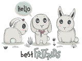 Vector hand drawn cute rabbits with words best friends.
