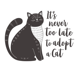 Cat adoption poster. Cute black and white cat with quote 